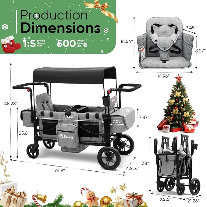 Sekey Wagon Stroller for 2 Kids, Luxury 4-in-1 Stroller Wagon - Premium Quality with Convertible Seats, Adjustable Push Handles, Removable Canopy, Snack Tray & Cooler, US Certified. Gray