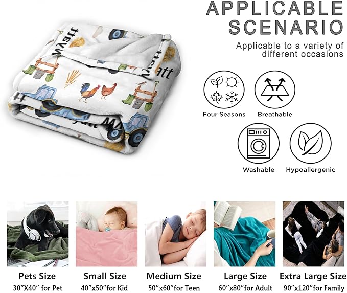 Custom Farm Tractor Blanket with Name Personalized Farm Tractor Blankets for Girls Boys Women Men Customized Blanket Gifts for Birthday 60"x80"for Adults