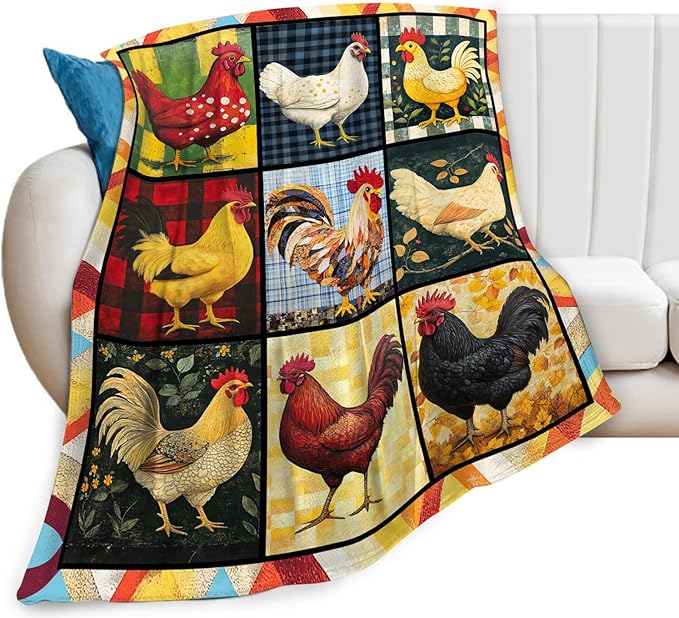 Rooster Blanket, Chicken Throw Blanket, Farmhouse Rooster Gifts Blankets Stuff Fleece Flannel Plush for Women Men Boys Girls Lovers Adults Soft Bedding Gift for Sofa Bed Office Home Decor 80"x60"