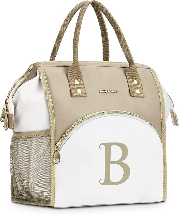 Personalized Lunch Box for Women, Initial Reusable Insulated Lunch Bag, Wide-Open Adult Lunchbox Cooler Lunchbag, Leakproof Lunch Tote for Picnic Work Outdoors, Christmas Gift for Women, Brown - B