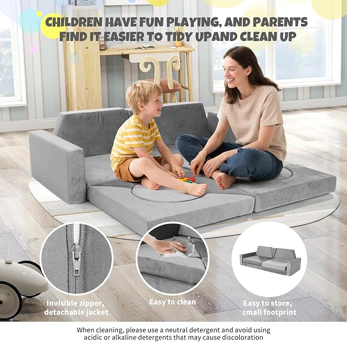 15 Pcs Modular Kids Play Couch, Toddler Couches That Fold Out, Plush Foam Chair for Children’s Playroom, Velvet Fabric Convertible Foam and Floor Cushion for Boys and Girls (Gray,27)