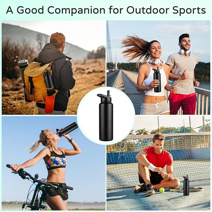 DOMICARE 40 oz Insulated Water Bottle, Vacuum Insulated Stainless Steel Sports Water Bottle with Straw Lid & Spout Lid, Leakproof, Reusable - Travel, Camping, Bike, Black