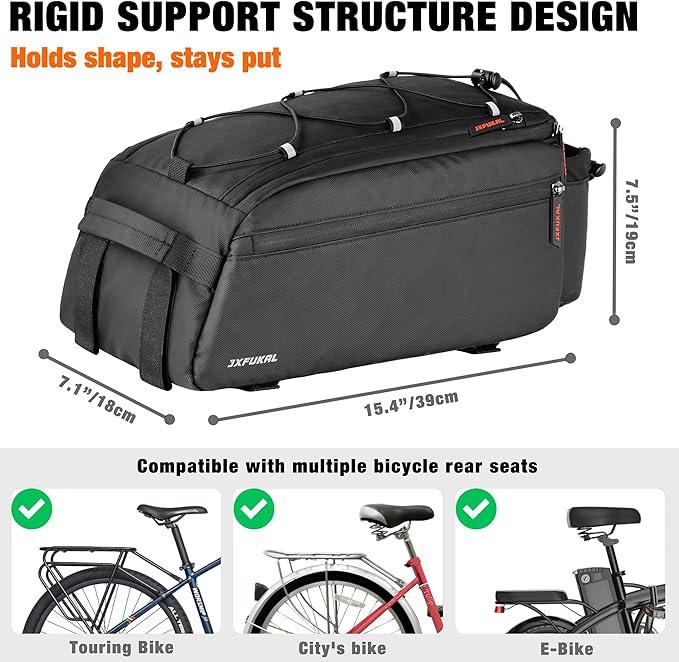 JXFUKAL Bike Bags for Bicycle Rear rack, 13L Supportive Bike Rack Bag Built-in Rigid side & Base Panel, Waterproof Reflective Ebike Trunk Pannier Saddle Seat Bag Carrier for Commuter Travel Outdoor