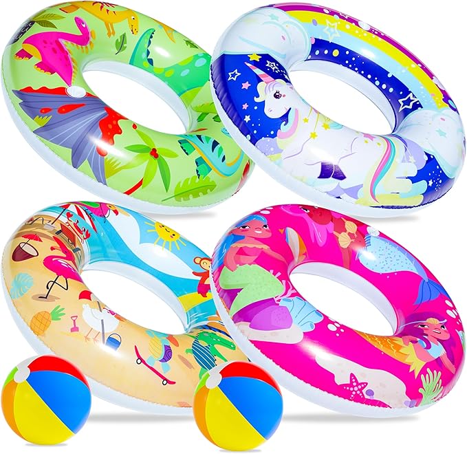 Parentswell 6PCS Big Pool Floats Tubes: Inflatable Pool Floats Swimming Rings with Beach Balls - Brightly Colored Pool Floaties Party Toys, Pool Toys for Kids Adults