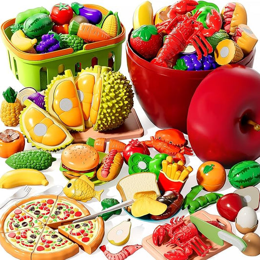 Play Food Set for Kids, Toddler Learning Toys, Cutting Food Toy Color Sorting Set, Pretend Food Play Kitchen Accessories for Kids, Birthday Gifts for 3-8 Years old Boys Girls Educational Toys