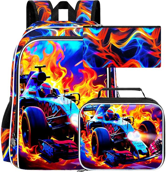 3Pcs Cars Backpack for Boy, 17" Hot Wheels Bookbag for Elementary Preschool Kindergarten, Kids Fire School Backpacks with Lunch Box (Red)