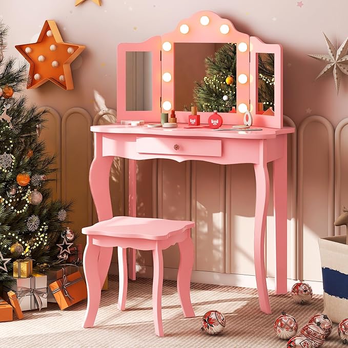 Costzon Kids Vanity, Girls Vanity Set with Mirror and Stool and Lights, Drawer, 2 in 1 Wooden Princess Makeup Desk Dressing Table, Toddler Vanity, Kids Vanity Table and Chair Set (Pink)
