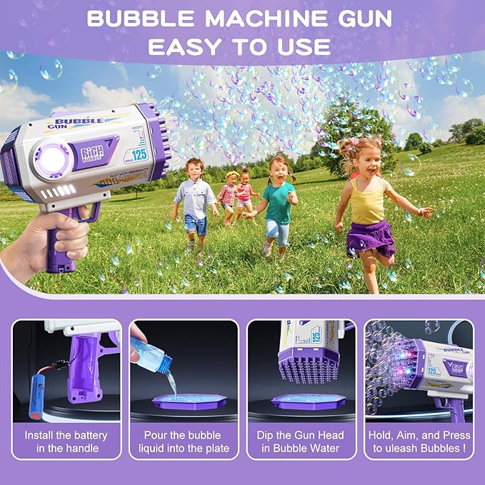 Bubble Gun, 125 Holes Bubble Machine Gun, Bubble Blaster Gun for Kids, Rechargeable Bubble Gun with Bubble Solution, Halloween Toy Party Favors Bubble Maker for Wedding Birthday (Purple)