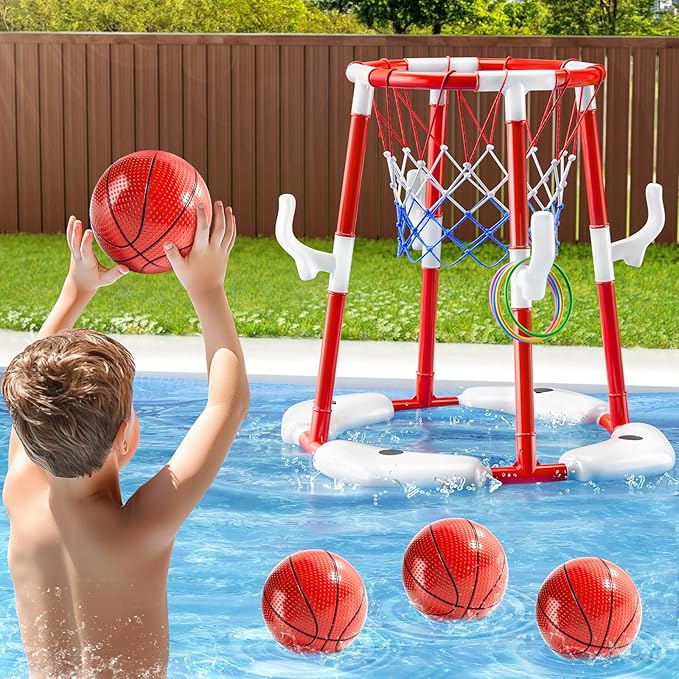 Swimming Pool Basketball Hoop Toy for Kids 2 3 4 5 6 Years Old - Floating Pool Basketball Game Toys with 4 Balls Air-Pump, Outdoor Play, Poolside Summer Water for Boys Girls Age 4-8-12 (Red)