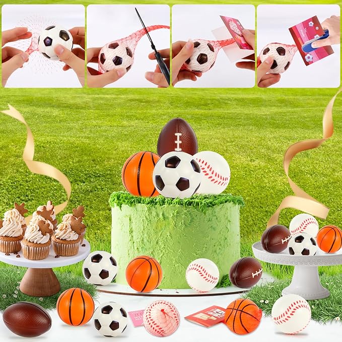 LiYiQ 28Pcs Valentines Day Gifts Cards with Basketball Soccer Football Baseball Stress Ball for Kids 2.36 Inch Sports Stress Balls Foam Bouncy Balls Ideal Valentine Gifts for Kids Classroom Exchange