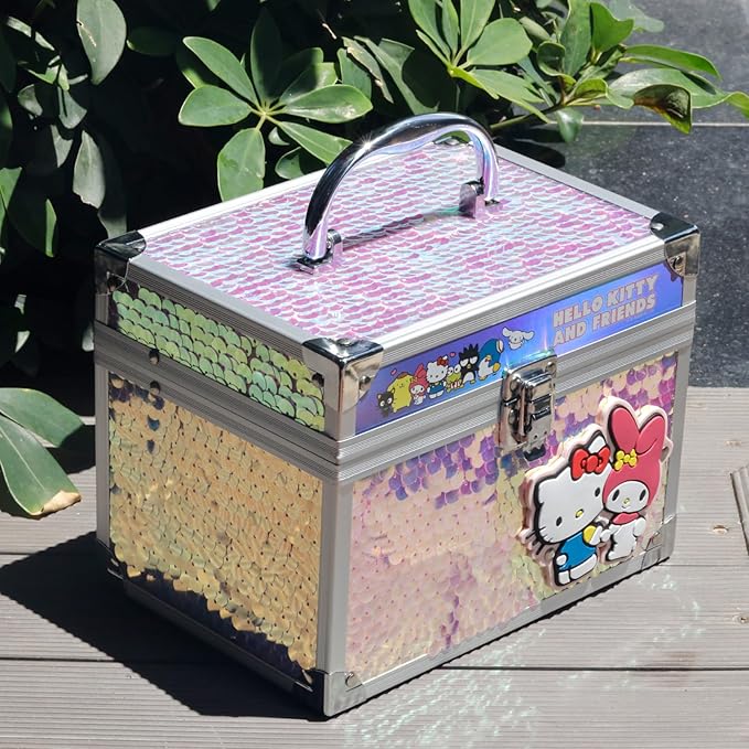 Hello Kitty & Friends Train Case Beauty Set, Kids Makeup Kit for Girls, Real Washable Makeup Set, Play Makeup, Party Favor, Birthday, Ages 3 4 5 6 7 8 9 10 11 12 by Townley Girl