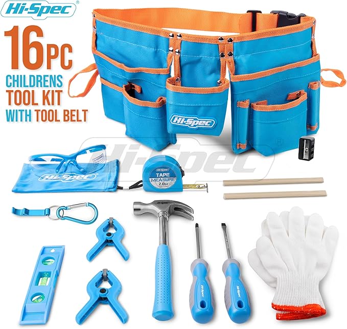 Hi-Spec 16pc Blue Kids Tool Kit Set & Child Size Tool Belt. Real Set for DIY Building, Woodwork & Construction Learning for Kids