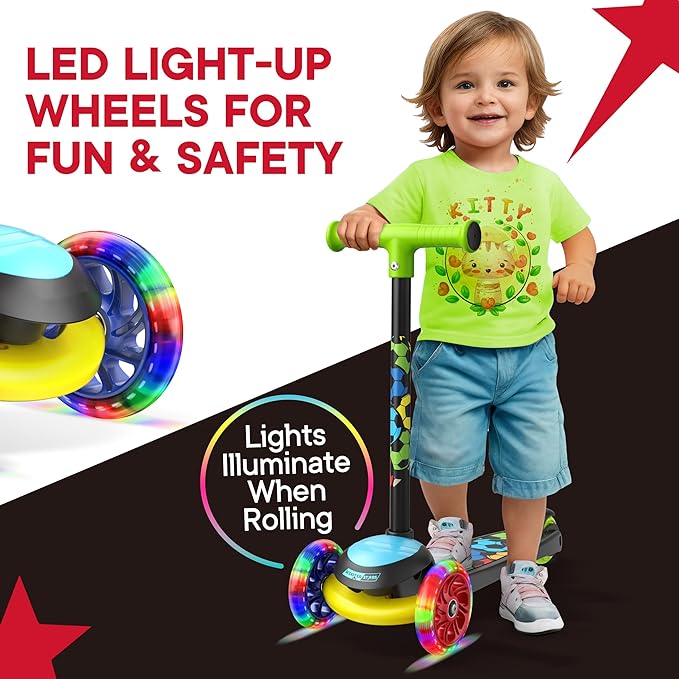 3 Wheel Scooter for Kids, Smooth Light Up LED Front Wheels, Wide Anti Slip Deck, Rear Foot Brake, Easy Lean to Steer Maneuvering, Indoor & Outdoor Ride On Toys for Ages 2 Up