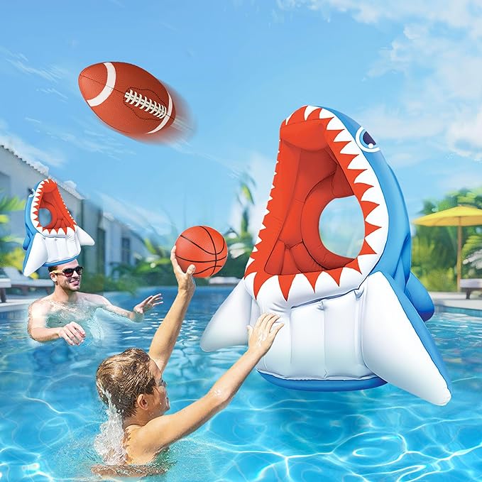 Pool Wave Kids Shark Pool Toy, 3-in-1 Inflatable Float Water Game Basketball Football Head Hoop Toss, Toddler Outdoor Summer Swimming Floating, Cool Family Party Gift Age 3 4 5 6 7 8 Year Old Boy Girl