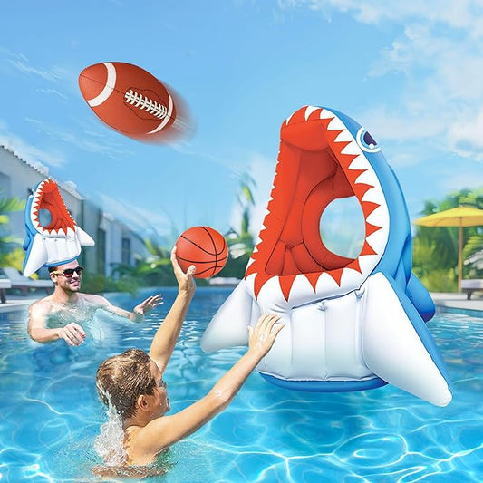 Pool Wave Kids Shark Pool Toy, 3-in-1 Inflatable Float Water Game Basketball Football Head Hoop Toss, Toddler Outdoor Summer Swimming Floating, Cool Family Party Gift Age 3 4 5 6 7 8 Year Old Boy Girl