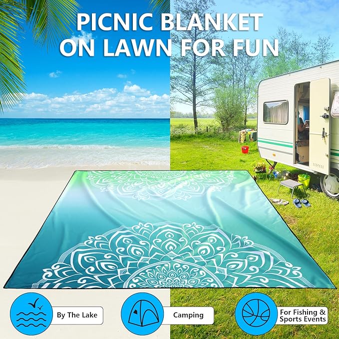 Beach Blanket Waterproof Sandproof Beach Mat 79" X 83"/10'x9'for 2-8 Adults Quick Drying Outdoor Picnic Mat Beach Accessories for Travel, Camping, Hiking