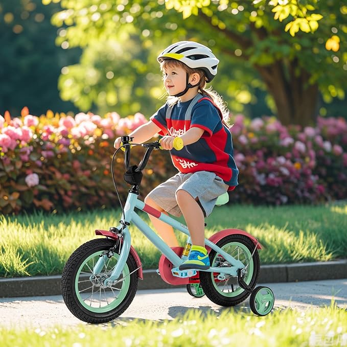 BABY JOY Colorful Macarons Kids Bike, 12 14 16 18 Inch Sporty Children's Bicycle with Training Wheels, Adjustable Handlebar & Saddle, Handbrake & Coaster Brake, Boys Girls Bike for 3-8 Years Old