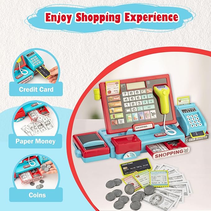 Cash Register for Kids Real Calculator Kids Cash Register with Scanner Toy for 3 4 5 6 7 8 Year Old Boy Pretend Play Store with Music / Food / Shopping Cart Learning Toys Gifts for Boys Ages 4-8