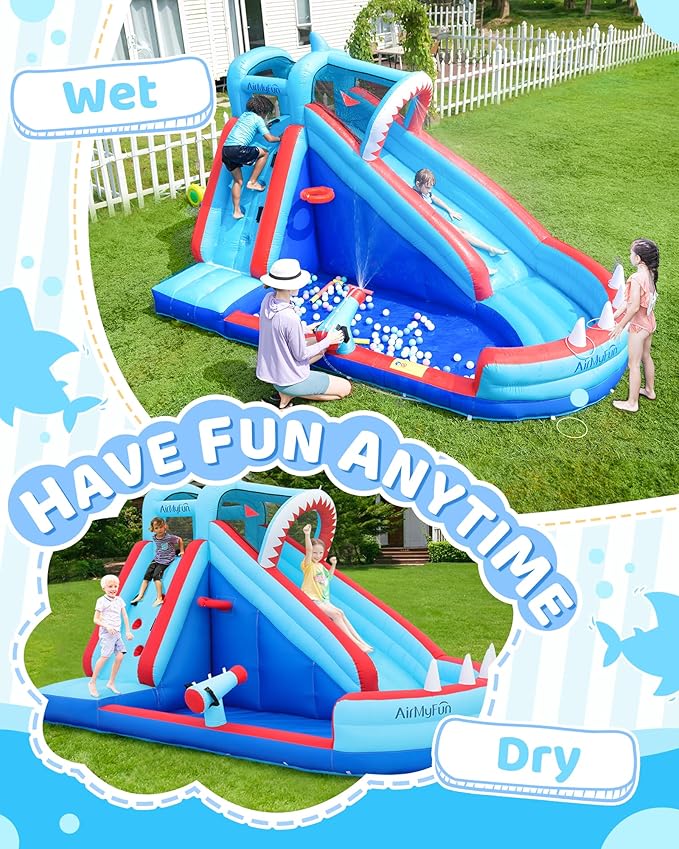AirMyFun Bounce House, Sharks Theme Inflatable Bouncy House with Slide, Kids Bounce House Water Park with Water Slides Bouncer Castle with Splash Pool, Climbing Wall, Ball Shooting