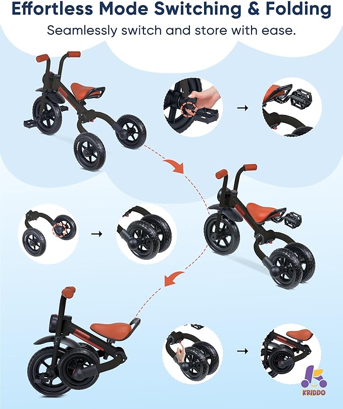 KRIDDO 2-in-1 Kids Balance Bike and Kids Tricycle for 2 to 5 Year Old, Toddler Balance Bike with Detachable Pedals, Tricycles for 3-5 Year Olds with Stitched Soft Grip, Black