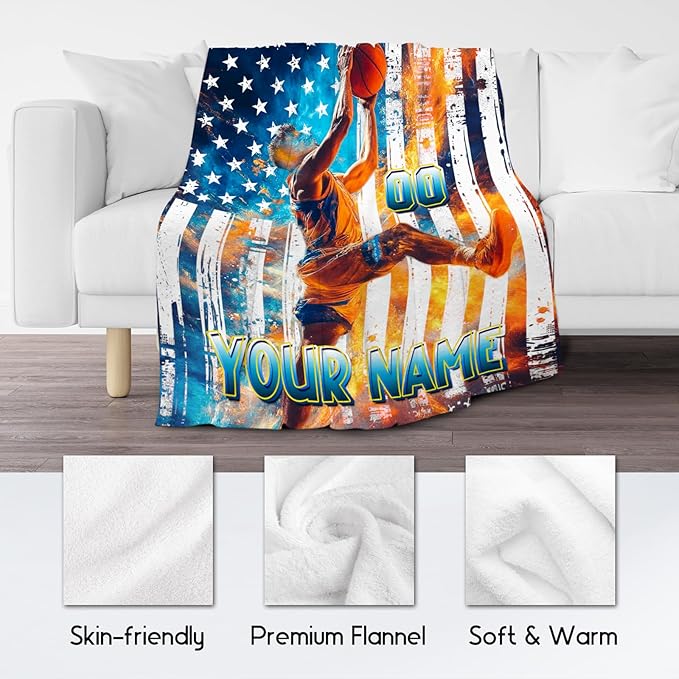 Basketball Blanket for Boys, Custom Kids Blankets, Personalized Gifts with Name, Sports Theme Throw, Soft Fleece Throw for Couch & Bed, 60"x80"