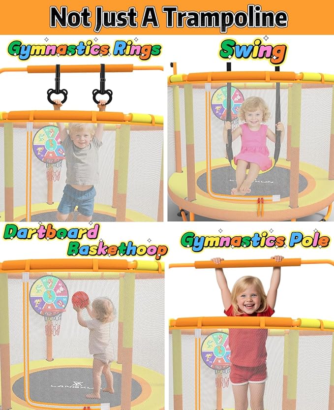 LANGXUN 60" Trampoline for Kids, 5ft Toddler Mini 6-in-1 Trampoline Indoor Outdoor with Swing, Basketball Hoop, Dart Board, Rings, Christmas Toys Birthday Gifts for Girls Boys