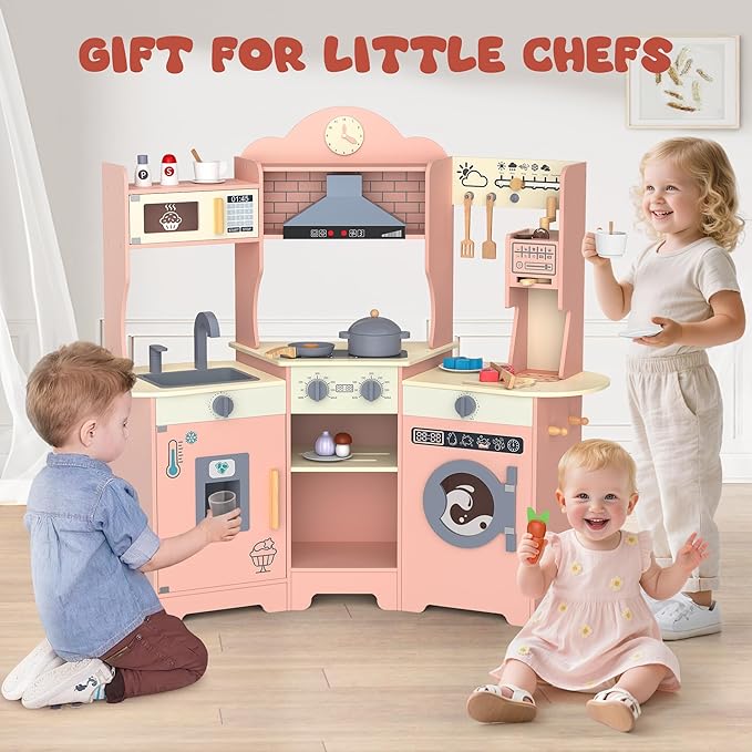 ANPABO Play Kitchen for Kids Aged 3+, Wooden Kitchen Playset w/Real Lights & Sounds, Coffee & Ice Maker, Microwave, Stove, 30Pcs Accessories Include Play Food, Pretend Play Set for Boys & Girls, Pink