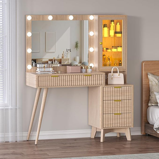 45” Fluted Makeup Vanity Desk with Mirror and Lights, Glass Top Dressing Table with 5 Drawers, LED Lighted Adjustable Cabinet, Trays & Charging Station for Bedroom Dressing Room