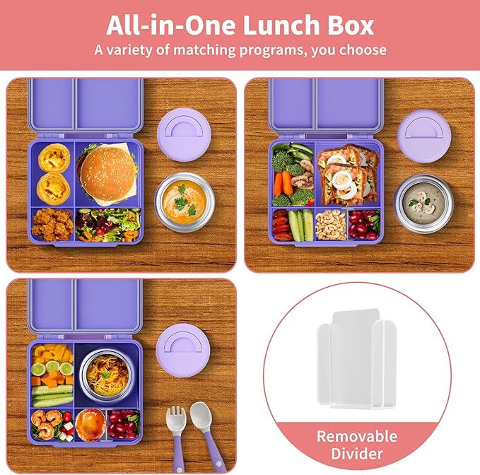 Bento Box for Kids with Thermo Food Container (9oz), 4-Compartment Lunch Box, Adjustable Divider, Leakproof Bento Lunch Box, Includes Utensils & Carry Bag for School, Office(Purple)