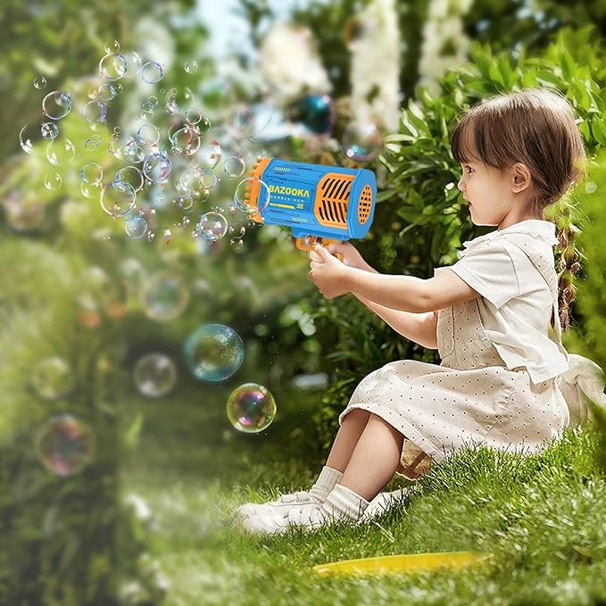 Bubble Gun Bazooka Machine with Solution - 69 Holes Blaster for Outdoor Summer Toy, Party Favors - Blue Halloween Bubble Maker Blowers for Kids
