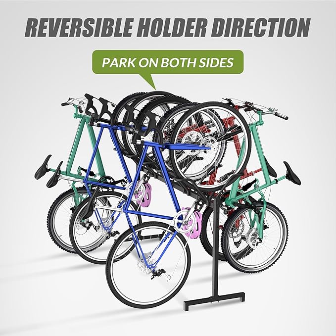 5 Bikes Floor Stand, Adjustable Bicycle Parking Rack with Hook for Garage, Indoor, Outdoor, Free Combination Bike Storage Cycle Rack for Mountain, Road and Kids Bikes, Max Tire Width 2.5”