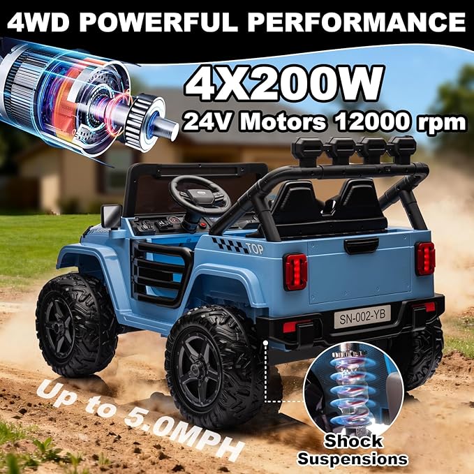 NEWQIDA 24V 2 Seater Ride on Car w/Remote Control 4wd Kids Electric Vehicles Ride on Toys Car, EVA Tires Wheels, 20" Spacious Seat, LED Lights, Music, Spring Suspension, 4x200W Motors, GrayBlue