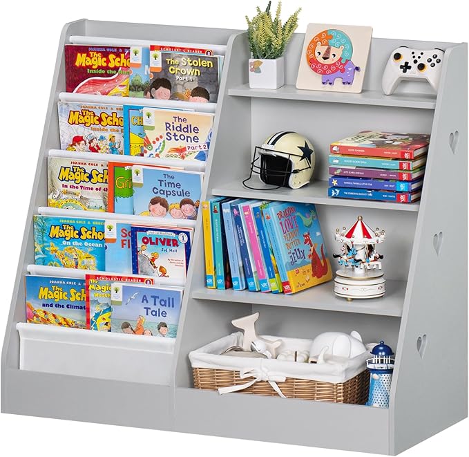 Lerliuo 4 Tier Kids Bookshelf and Storage Organizer, Five Layer Sling Children Bookcase, Baby Toddler Wooden Book Shelf, Display Cabinet for Playroom, Bedroom, Classroom, Nursery, School (Grey)