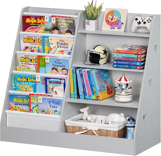 Lerliuo 4 Tier Kids Bookshelf and Storage Organizer, Five Layer Sling Children Bookcase, Baby Toddler Wooden Book Shelf, Display Cabinet for Playroom, Bedroom, Classroom, Nursery, School (Grey)