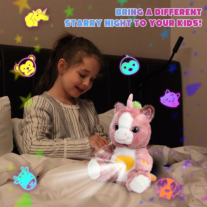 Cuteoy Plush Dirty Pink Unicorn Star Projector Musical Adjustable Singing Night Light Stuffed Animals Glowing Plushies Toy Gifts for Kids Birthday Easter Christmas,12''
