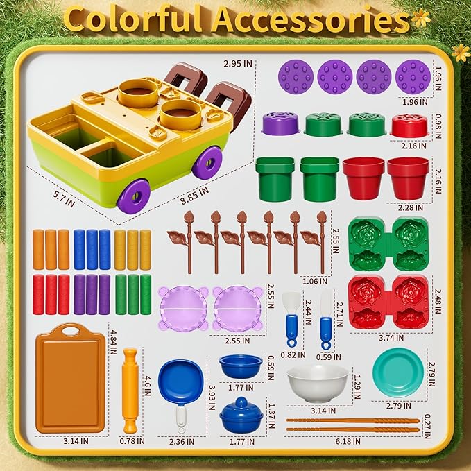 50PCS Play Clay Set Blooming Flower Garden Toy Playset for Kids 3-5, DIY Nature Kits, Pretend Kitchen Toys Accessories with Cart, Toy Dishes, Gifts for Girls Boys Toddlers Ages 3 4 5 6 7 8 9