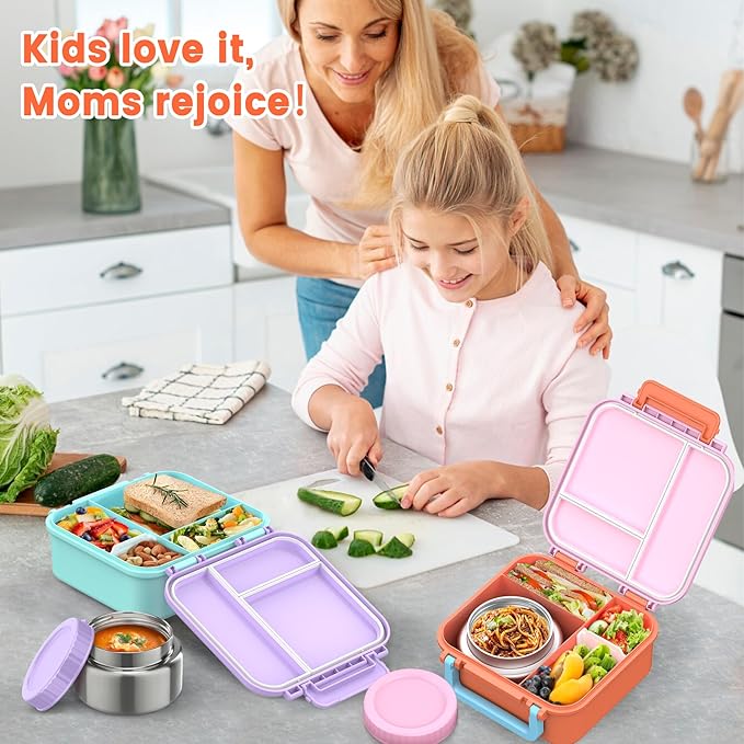 Bento Lunch Box for Kids with 9oz Thermo, Leak-proof Containers with 3 Compartments, Recommended Serving Sizes for Kids,Durable&Dishwasher Safe Lunch Box for School Outdoors-Orange