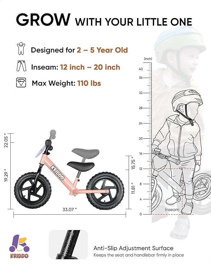 KRIDDO Toddler Balance Bike 2 Year Old, Age 24 Months to 5 Years Old, 12 Inch Push Bicycle with Customize Plate (3 Sets of Stickers Included), Steady Balancing, Gift Bike for 2-3 Boys Girls, Pink