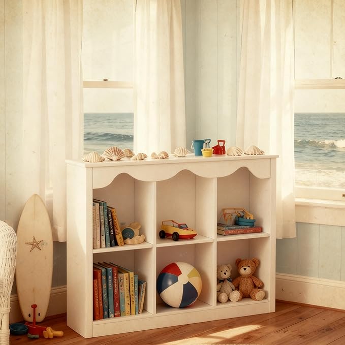 Kids Bookshelf Toy Storage Organizer Wooden Book Shelf Montessori Bookcase 6 Cube Dutch Design,Milkywhite