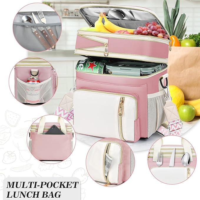 LOKASS Lunch Box & Lunch Bag for Women Men Double Deck, Large Insulated Adult Lunch Box Leakproof Lunchbox Cooler Bag for Work Picnic Beach,（Pink&White 16L）