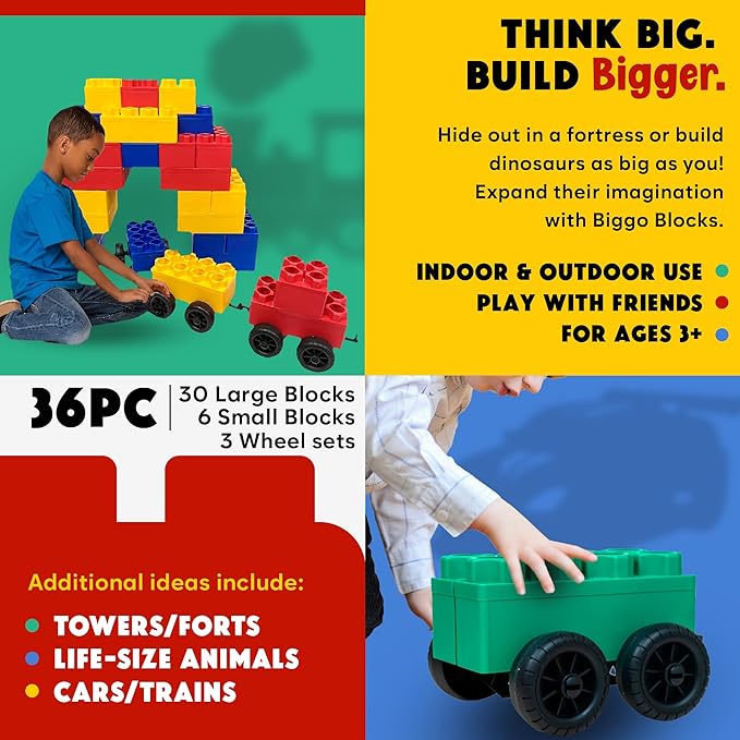 BiggoBlocks Big Blocks for Kids Ages 4-8 — Indoor & Outdoor Blocks for Kids Games — Large Building Blocks (36 pc with 3 Cars) Train Set
