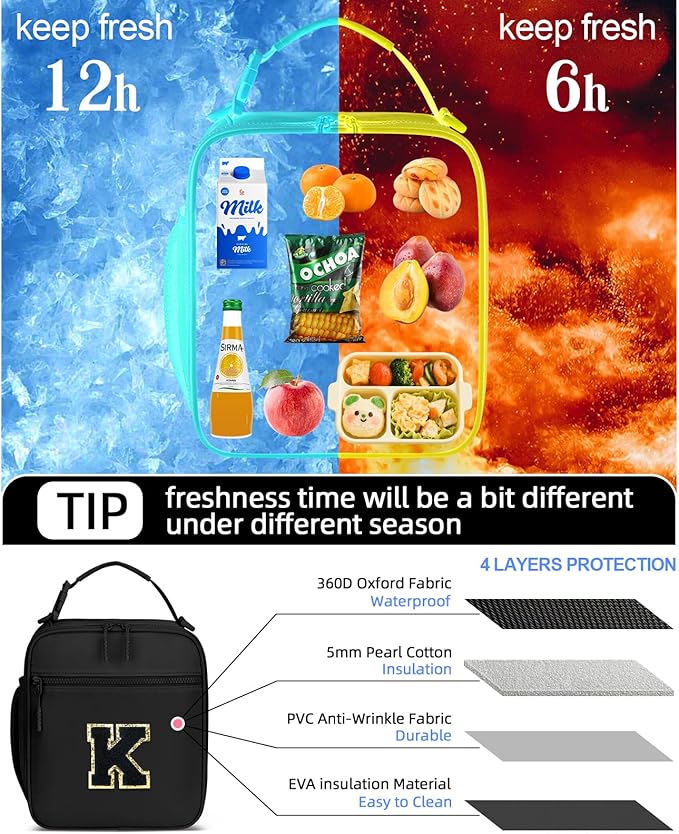 Initial Insulated Lunch Bag for Boys Kids, Back to School Gift, Reusable Leak-proof Lunch Box with Adjustable Strap for School Daycare Travel Picnic（Black，K）