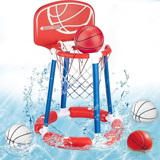 Pool Basketball Hoop with Backboard, Floating Pool Toy for Kids, Inflatbale Pool Basketball Outdoor Toys with 4 Balls & Pump for Swimming Pool, Water Summer Game for Kids Adults, Red