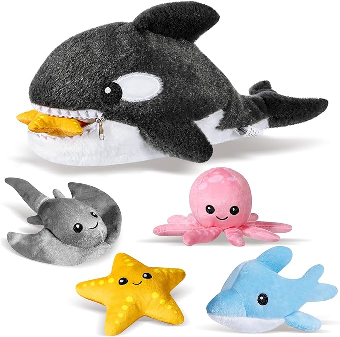 Syhood 5 Pieces Sea Stuffed Animals Plush Set Include 1 Large Whale Plush Doll with Small Starfish Dolphin Octopus Ray Stuffed Toy for Huggable Sleeping Holiday Birthday Gifts