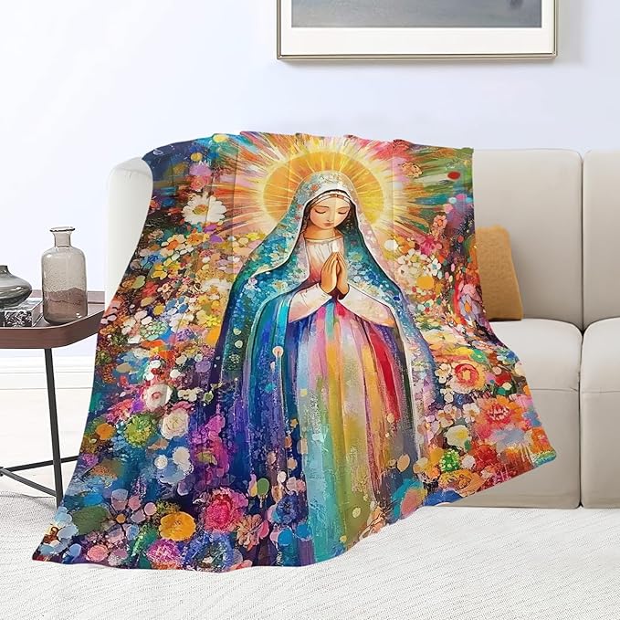 Virgin Mary Blanket Catholic Christian Throw Blankets Religious Gifts for Women Men Faith Prayer Soft Cozy Fleece Plush for Couch Sofa Bed 50"x40"
