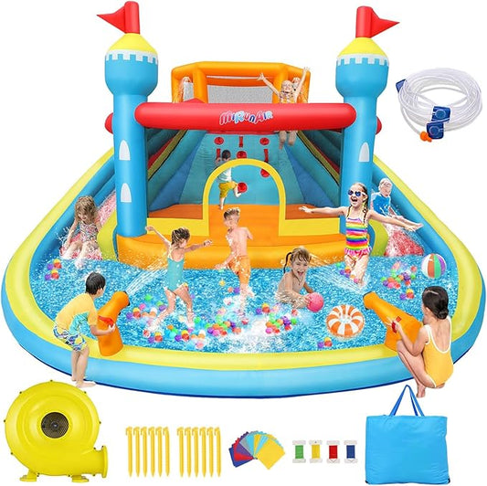 AKEYDIY Bounce House Water Slide with Double Slide,Splashing Pool, Double Water Cannon,Climbing Wall, Giant Water Park W/Heavy Duty GFCI Blower,Inflatable Water Slides Park for Kids Backyard Summer