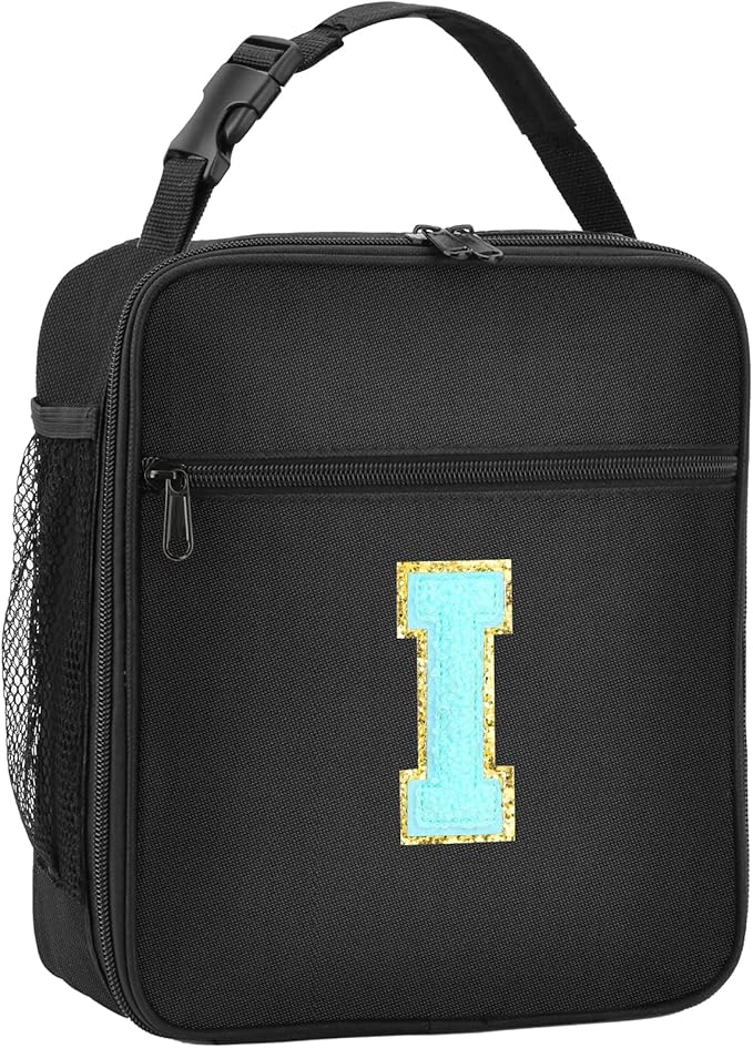 Initial Insulated Lunch Bag, Lunch Box with Initial Letter Patch for Teen Adult, Reusable Lunch Bag for Men Women, Ideal Back to School Gift Birthday Gift, Blue I