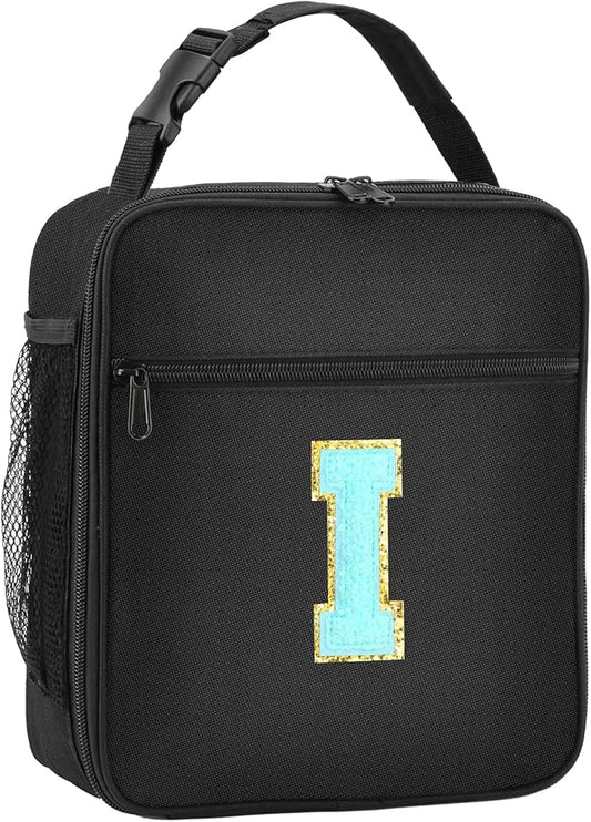 Initial Insulated Lunch Bag, Lunch Box with Initial Letter Patch for Teen Adult, Reusable Lunch Bag for Men Women, Ideal Back to School Gift Birthday Gift, Blue I