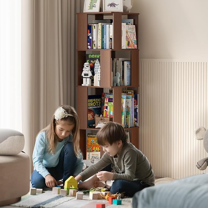 4 Tier Solid Wood Rotating Bookshelf Tower on Wheels, 360° Upgrade Spinning Book Shelf, Revolving Bookcase Organizer, Swivel Bookshelves for Small Spaces, Corner, Bedroom, Kids Room, Office (Walnut)