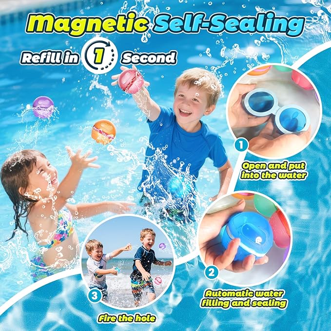 【16 Pack】Upgade Reusable Water Balloons, Pool Beach Water Toys for Boys and Girls, Outdoor Summer Toys for Kids, Magnetic Water Ball for Outdoor Activities (Multicolor, 16PCS)